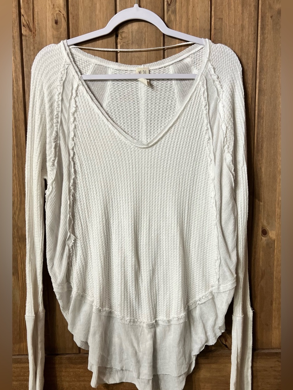 Free People Cream Waffle-Knit V-Neck Long Sleeve Top
